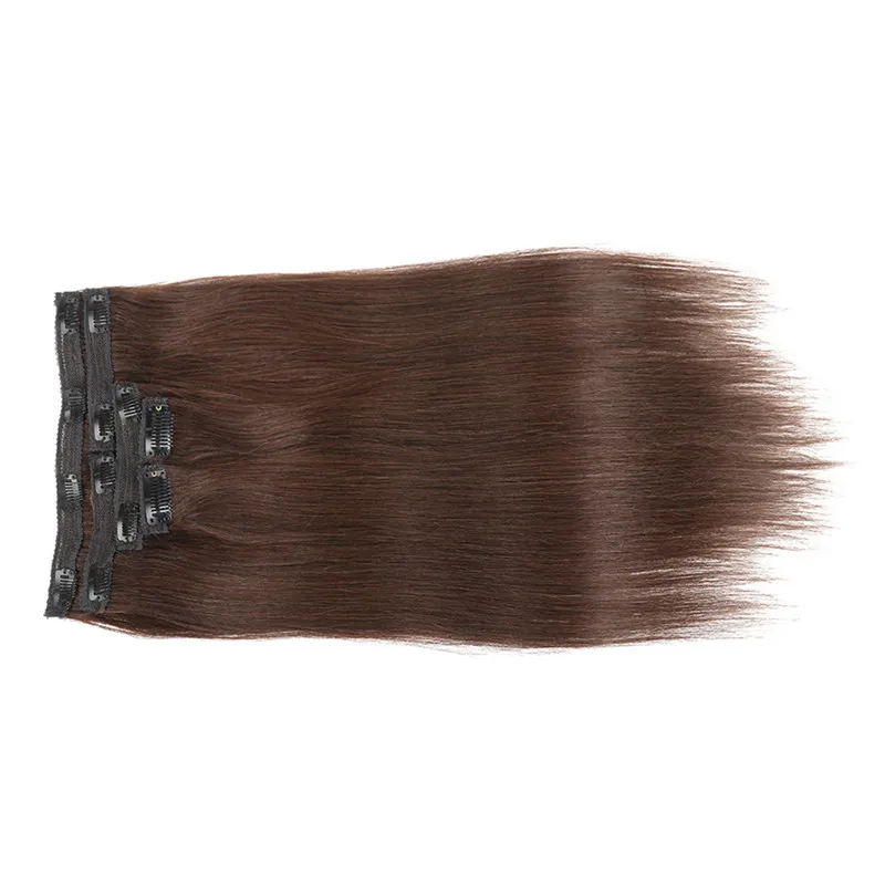 Malaysische dunkelbraune Farbe, 2 glatte Echthaar-Clip-in-Haarverlängerungen, unverarbeitete Beauty-Webstoffe, 10 Stück, Los 100 g