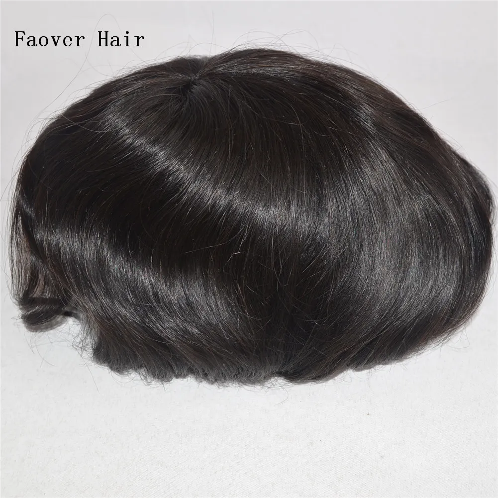 Indiskt mänskligt hår Naturlig svart färg Natural Wave 10quotx 8quot Size Men039s Toupee 120 Densitet 3 Mono med NPU runt P8620422
