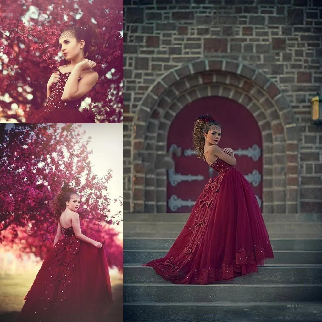Dark Red Girl's Sukienki Koronki Koronki Aplikacja i Tulle Zroszony Bow Arabski Kids Formalne Kwiat Dziewczyny Sukienka Princess Suknia