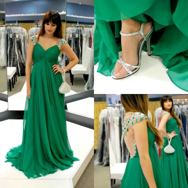 Charme Verde Esmeralda Chiffon Árabe Vestidos de Noite Sheer Cristais Frisada Cap Ombro Ilusão De Volta Longo Formal Vestido de Baile