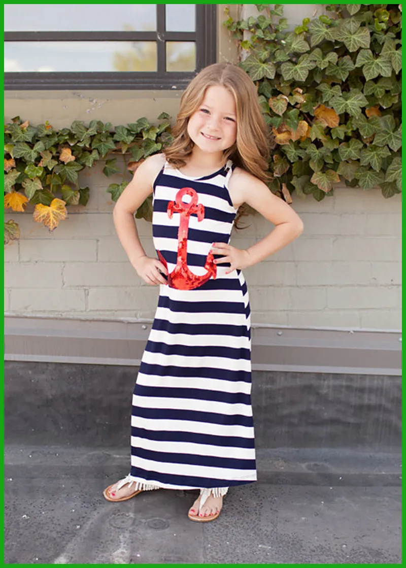 2016 Top Fashional Style Girls Navy Anchor Ärmlös Striped Dresses Barn Kids Sequined Blue White Stripes Party Vestidos Gratis frakt