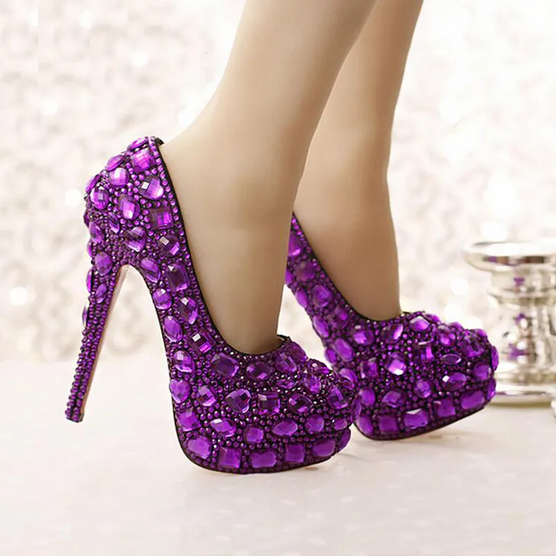 Purple Crystal Bridal Shoune High Heel Платформы ручной работы красивые страза Свадебная вечеринка.