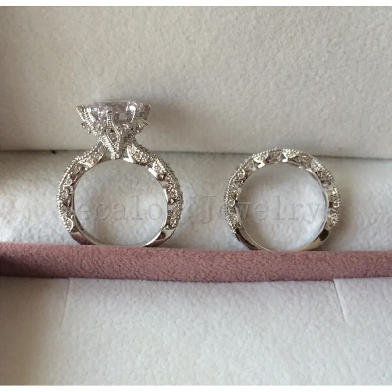 Vecalon 2016 Vintage Engagement Wedding Band Zestaw do kobiet 3CT symulowany Diament CZ 925 Sterling Silver Samica Party Pierścień
