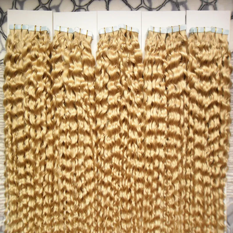 Färg 613 Blek blond brasilianskt hår 500g Applicera tejphäftande hudväfthår Brasiliansk Kinky Curly Tape In Human Hair Extensions