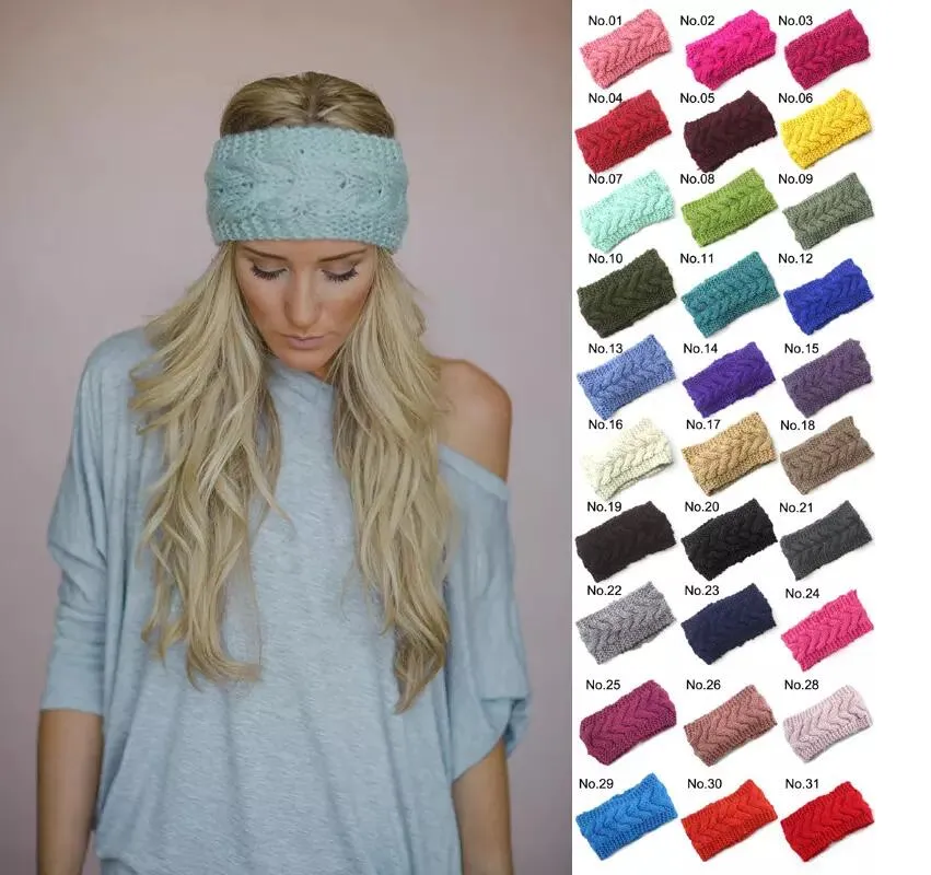 الكروشيه عقال 31 ألوان الصوف الكروشيه عقال متماسكة الشعر الفرقة الشتاء الدافئ رباطات الفتيات headwrap الأذن يفشل LJJA677