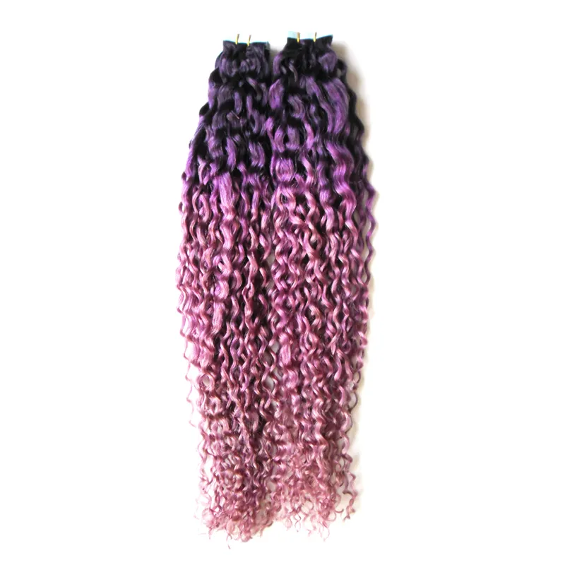 Färg Lila / Rosa Ombre Brasiliansk Hår Kinky Curly Virgin Hair Skin Weft 100g Tape In Human Hair Extensions