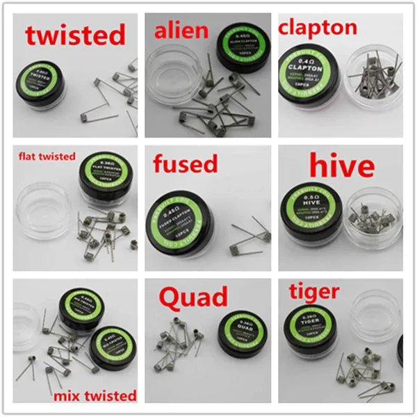 Clapton Coils Rookaccessoires Hive Vaporizer Coil Wire Alien Fused Flat Mix Twisted Tiger Quad Fused Coil Vooraf gebouwde verwarmingsdraden 9 soorten voor doe-het-zelf RDA RBA