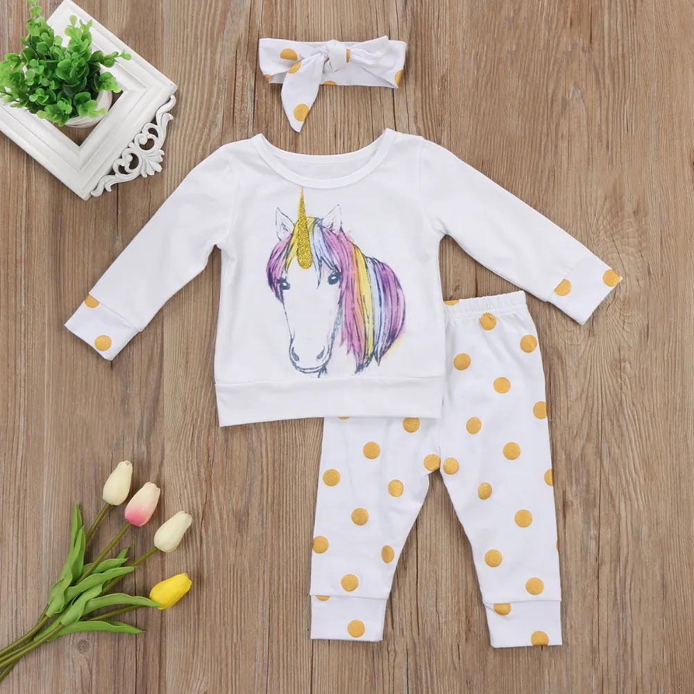 Nya ins barnkläder set höst baby flicka enhörning tryck t -shirt med polka dot långa byxor pannband 3 st -sets8349330