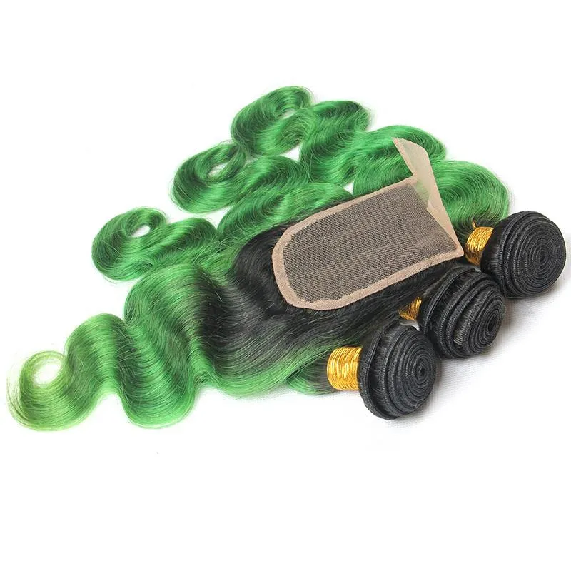 1B Emerald Green Body Wave Ombre Brazilian Virgin Human Hair Weave 3 Bundles With 4x4 Lace Closure Pre-plucked Natural Hairline Closure