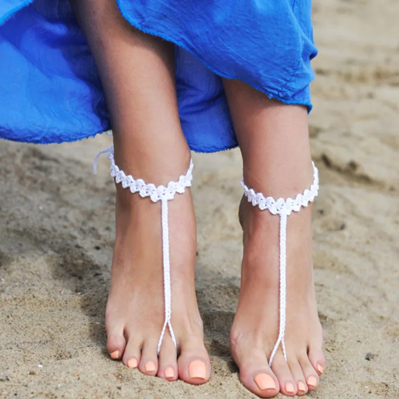 1 paio o 2 pezzi di scarpe da sposa da spiaggia, scarpe da donna estive, scarpe da yoga con sandali a piedi nudi bianchi all'uncinetto da sposa