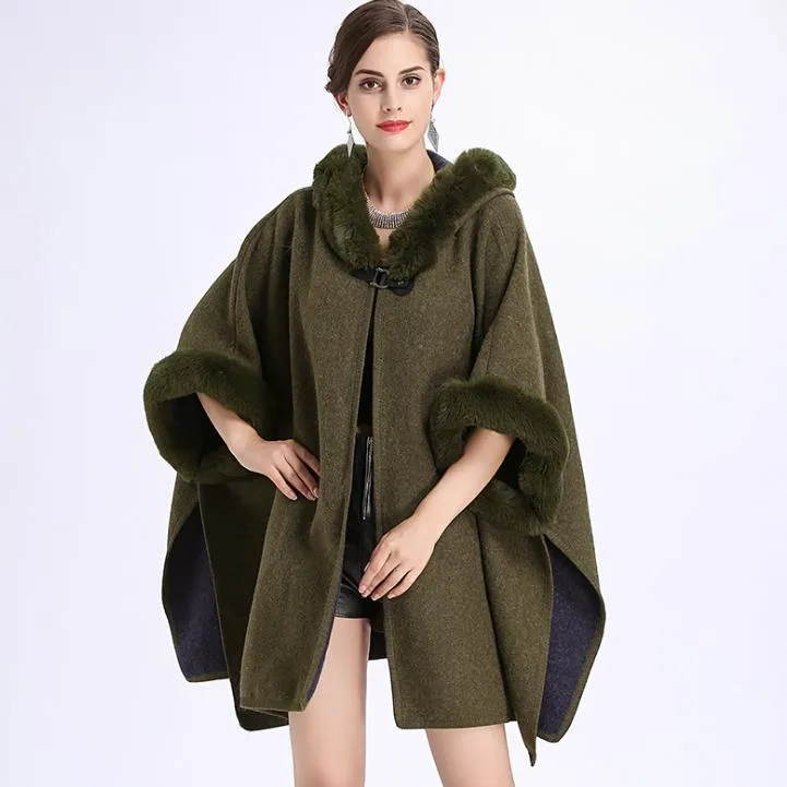 Новое осенне-зимнее женское свободное пончо с капюшоном из смеси шерсти с воротником из искусственного меха, кардиган с манжетами, шаль, накидка, плащ, верхняя одежда, пальто C3196
