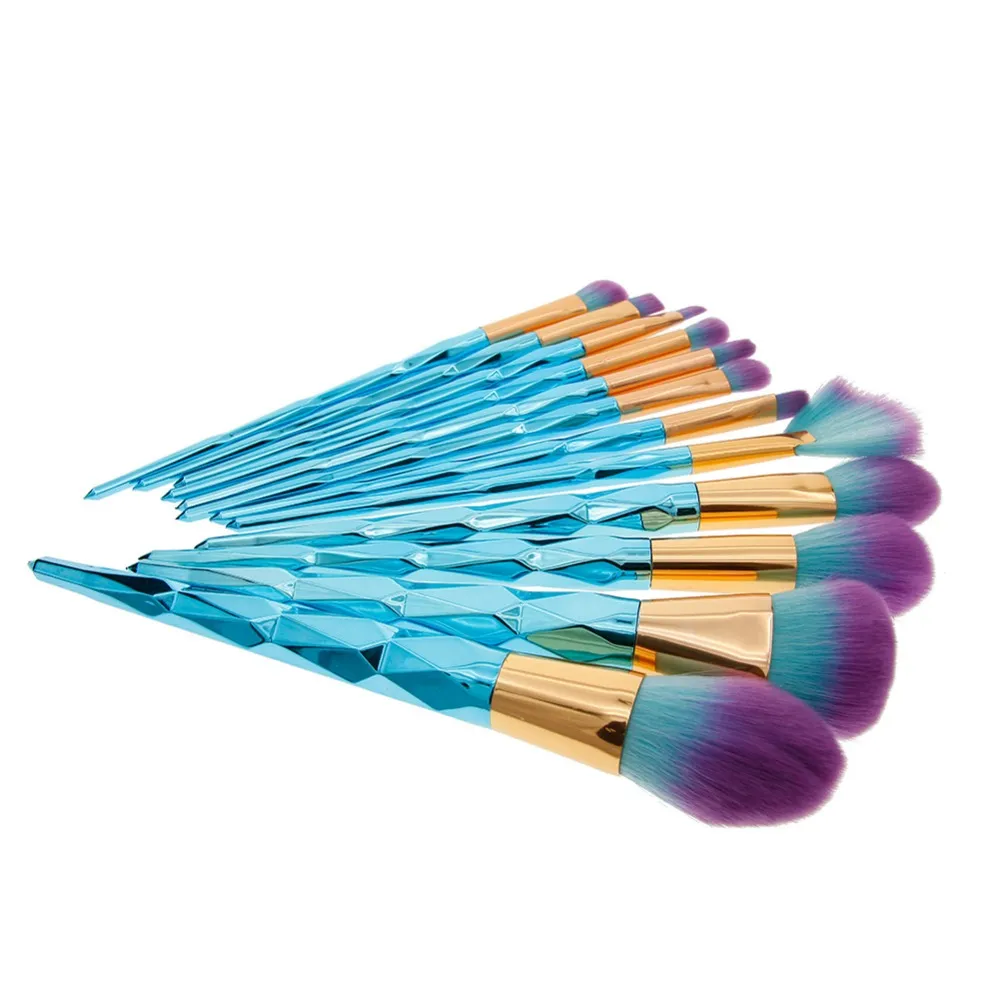 12pcs Diamond Blue Handle Makeup Brushes Set Foundation Powder Blush Eyeshadow Eyeliner Eyebrow Cosmetic Brush Tool Kit #248337