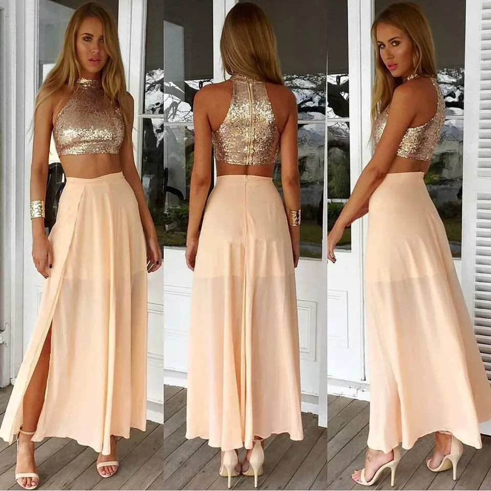 Light Pink / Champagne Two Piece Prom Party Dresses Cheap High Neck Sequined Chiffon Split Junior Formal Dresses Evening Wear Cheap