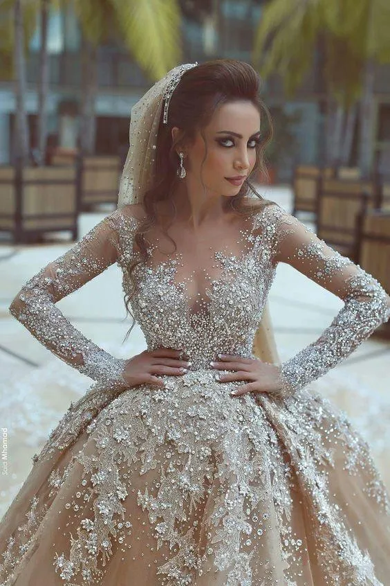 Ayrılabilir Tren Ile 2018 Lüks Rhinestone Dubai Gelinlikler Illusion Boyun Çizgisi Uzun Kollu Gelin Elbise Muhteşem Mermaid Gelinlik