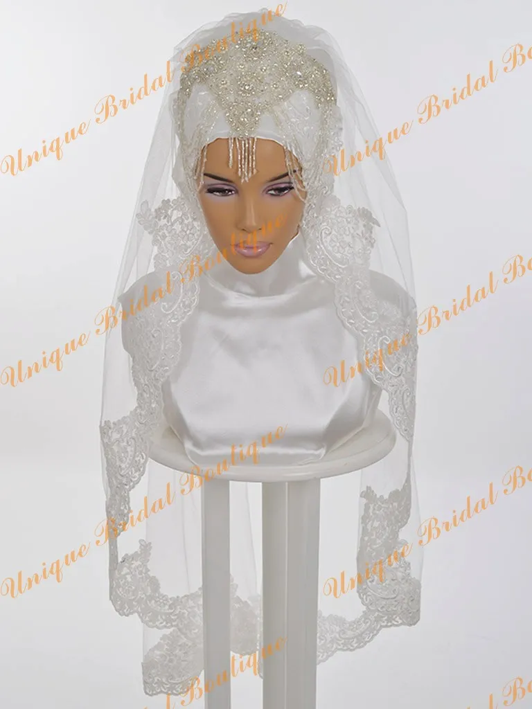 SHORT3 Beaded Lace Bridal Veil, Fingertip–Waltz Length, Hand-Sewn Appliqué, Modest Hijab Option