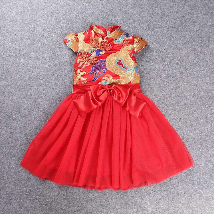 التجزئة الفتيات اللباس السنة الجديدة النمط الصيني التنين الأحمر اللباس لطفلة الأميرة حزب اللباس أطفال هدية السنة الجديدة ملابس الأطفال