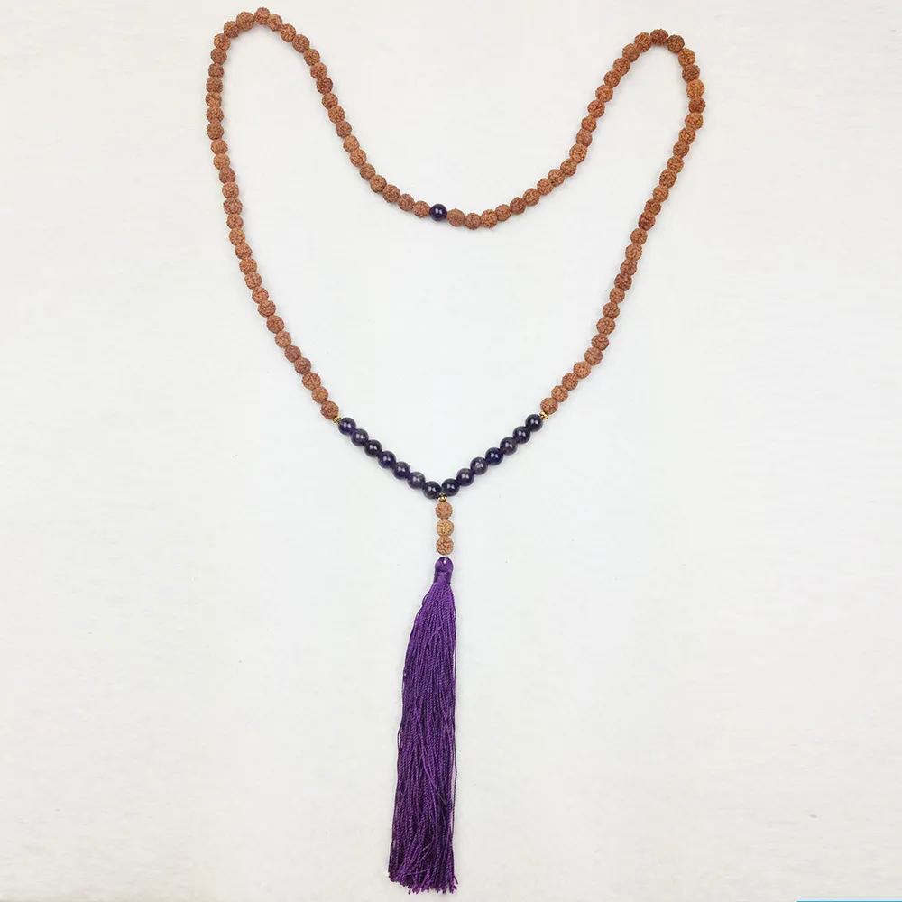 ST0241 2016 New Amethyst 108 Mala Beads Tassel Necklace Spiritual Rudraksha Necklace Fine Necklaces Jewelry