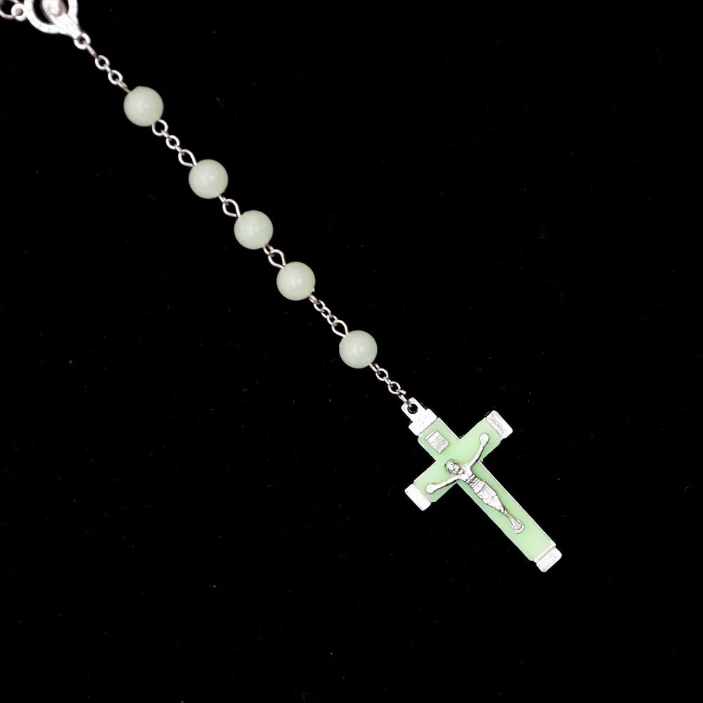 Light Blue Glow in Dark Plastic Rosary Beads Luminous Noctilucent Necklace Fashion Religious Jewelry Party Gift DHN405