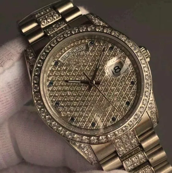 Hoge Kwaliteit Luxe Heren Automatisch Horloge President Dag-Datum Diamant Gezicht Bezel Roestvrij Stalen Gesp Voor Mannen Mechanische Polswatc253z