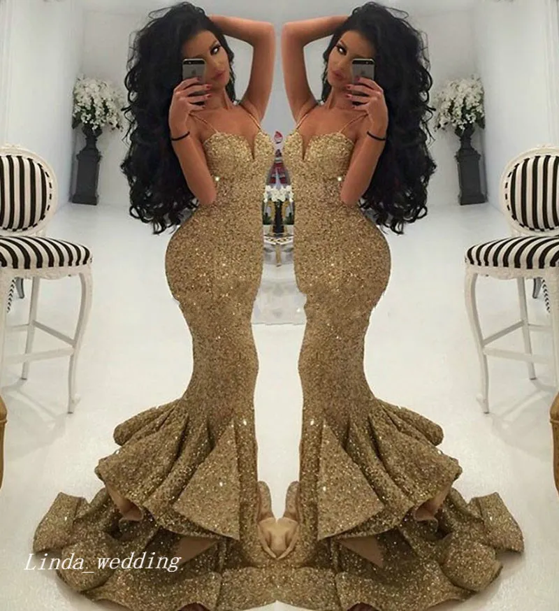 2019 gouden pailletten prom dress sexy zeemeermin spaghetti riemen speciale gelegenheid jurk formele avond feestjurk