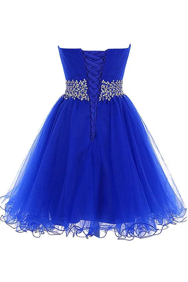 Högkvalitativ skräddarsydda Homecoming Dress Royal Blue Short Prom Klänningar Sweetheart Neck Ruched Tulle Crystals Beaded Waist Lace-Up Back