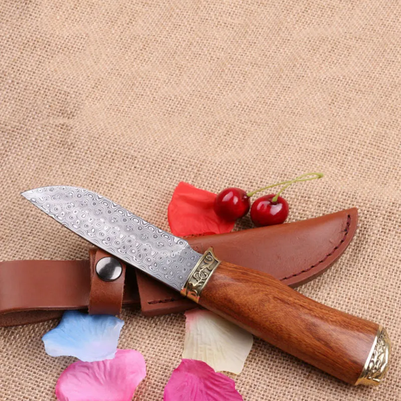 Limited Edition Collectable Damascus Fixed blade knife 58HRC Carving Copper head Natural Rosewood handle knife knives DHL shipping