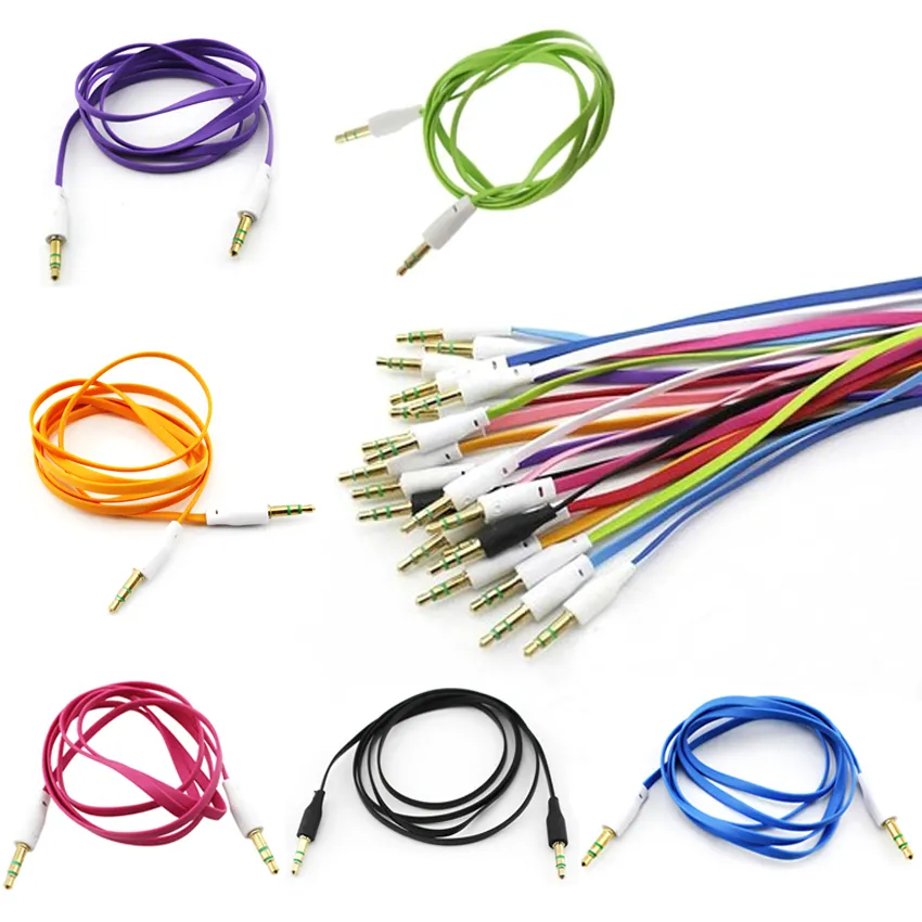 3.5mm tot 3,5 mm kleurrijke platte type auto aux audiokabel Extended audio extra kabel 100pcs / lot