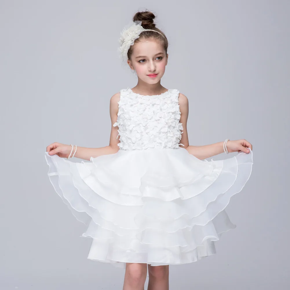 Stock blanco vestido de organza para niños una línea de volantes vestidos de niña de la flor hasta la rodilla niñas desfile vestidos vestidos baratos del desfile del niño 55