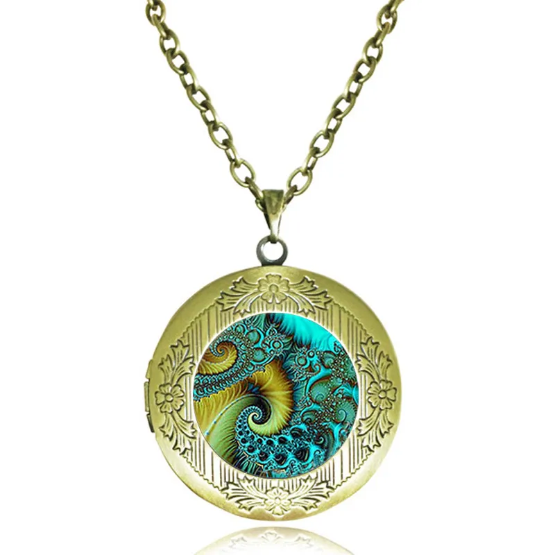 Spiral Locket Necklace Flourish Swirls Fibonacci Shell Pendant Sacred Geometry Golden Ratio Jewelry Glass Cabochon Antique Lockets Necklaces