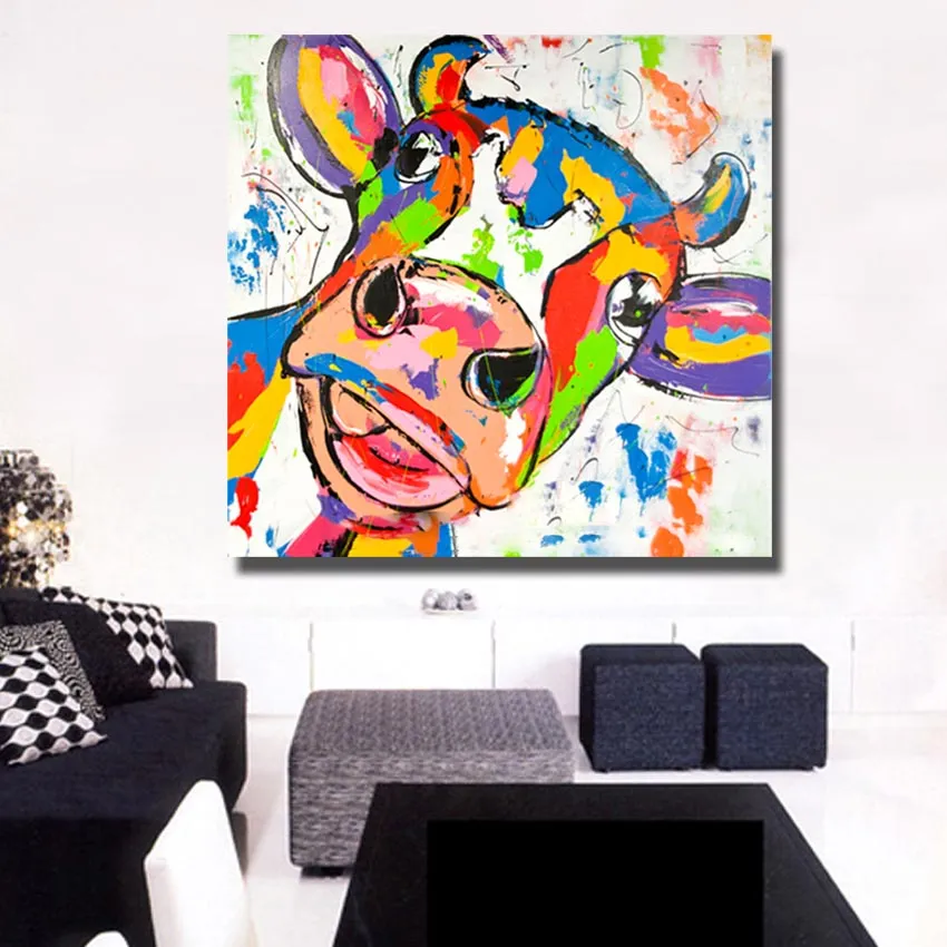 Tableau Toile Déco Murale - Graffiti Aquarelle Vache Cartoon - 57x100 Cm Sans Cadre - Style Moderne Aesthetic