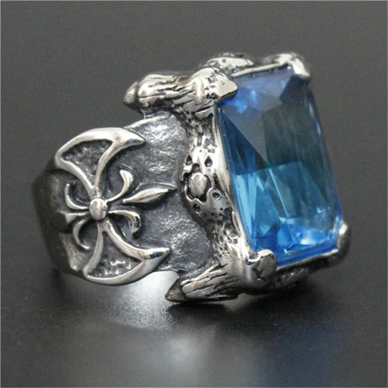 3 piècesnouveau Design énorme bague en pierre du rhin bleu en acier inoxydable 316L bijoux de mode fleur couleur bleue bague en pierre claire Cool