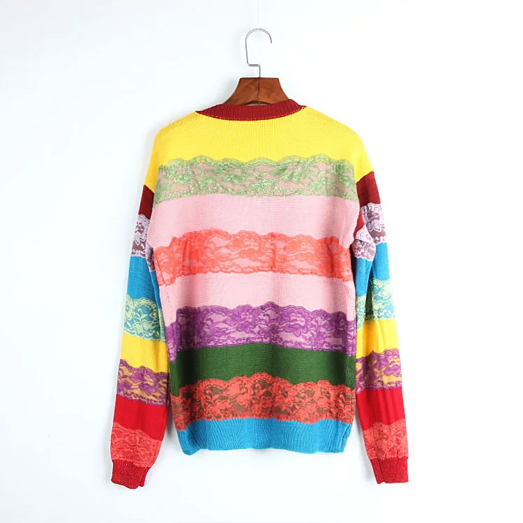 Top Rainbow Striped Pullovers Women 2017 Autumn Long Sleeves Cats Embroidery Lace Women`s Sweaters Pull Femme DH060