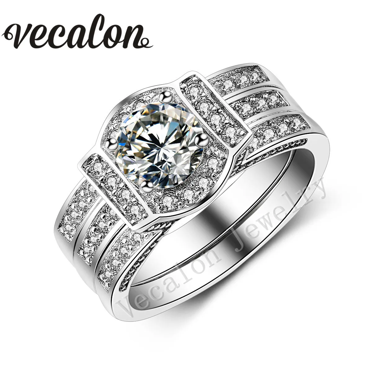 Vecalon ronde coupe 3ct diamant simulé cz 2-en-1 bague de fiançailles de mariage ensemble pour les femmes 14KT or blanc rempli bague de fête