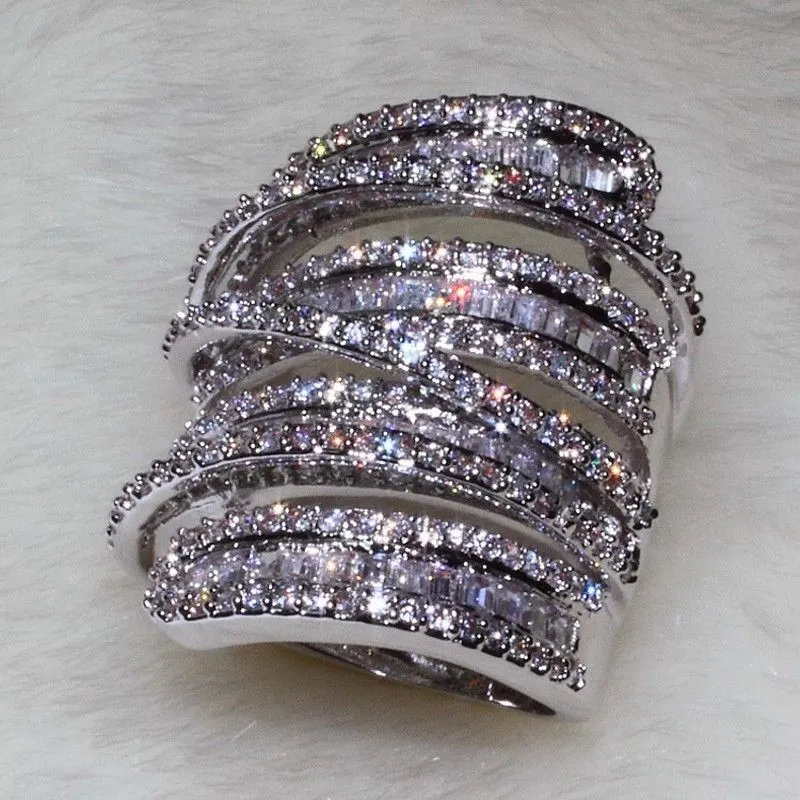 フルプリンセスカット高級ジュエリー 925 スターリングシルバー 925 スターリングシルバーホワイトサファイア模擬ダイヤモンド宝石結婚式の女性のリング Sz5-11