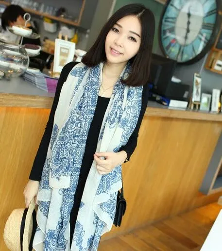 New Vintage Silk Scarves Blue and White Porcelain Long Scarf chiffon Shawls Sexy printed Women's Christmas gifts multicolor 