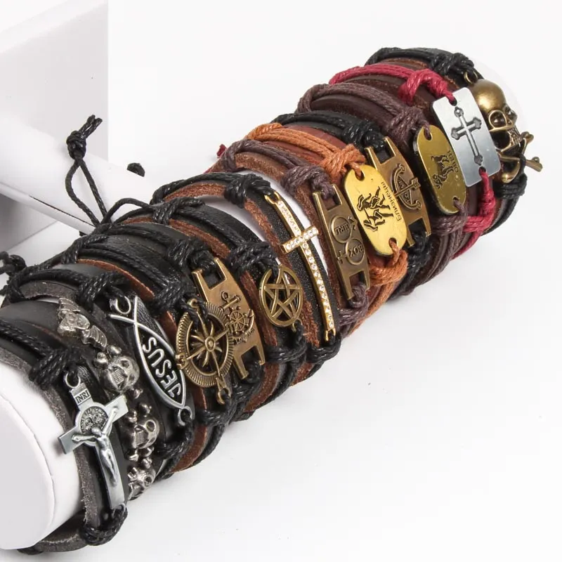 Band New Vintage Metall Leder Herren Damen Surfer Armband Manschette Armband viele gemischte Stil Legierung Anhänger Retro Schmuck Charm Armband