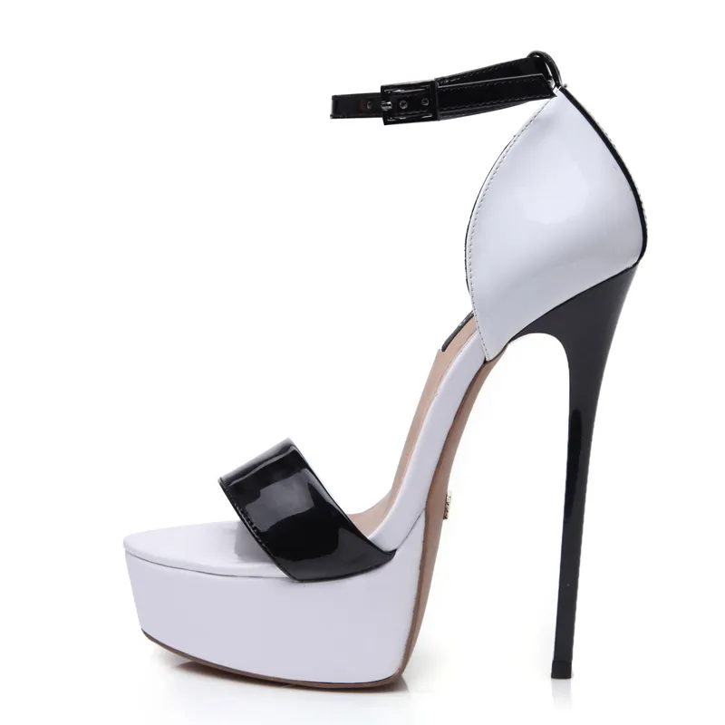 Atacado sexy na moda Branco e Preto Brilhante Patente Plataforma Stiletto Salto Alto Sandálias de 16 cm para as mulheres verão partido da noite tamanho 37 a 46