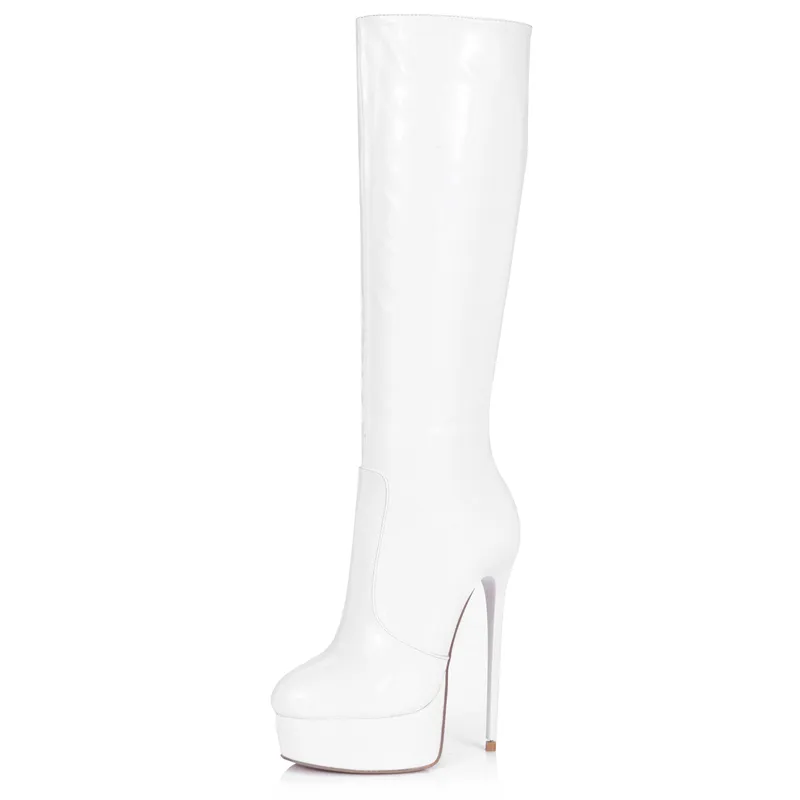 Wholesale Sexy Trendy White Shiny Patent PU Knee Boots for Women With Round Toe Platform and 16cm high heel Italian Design Handmade Shoes