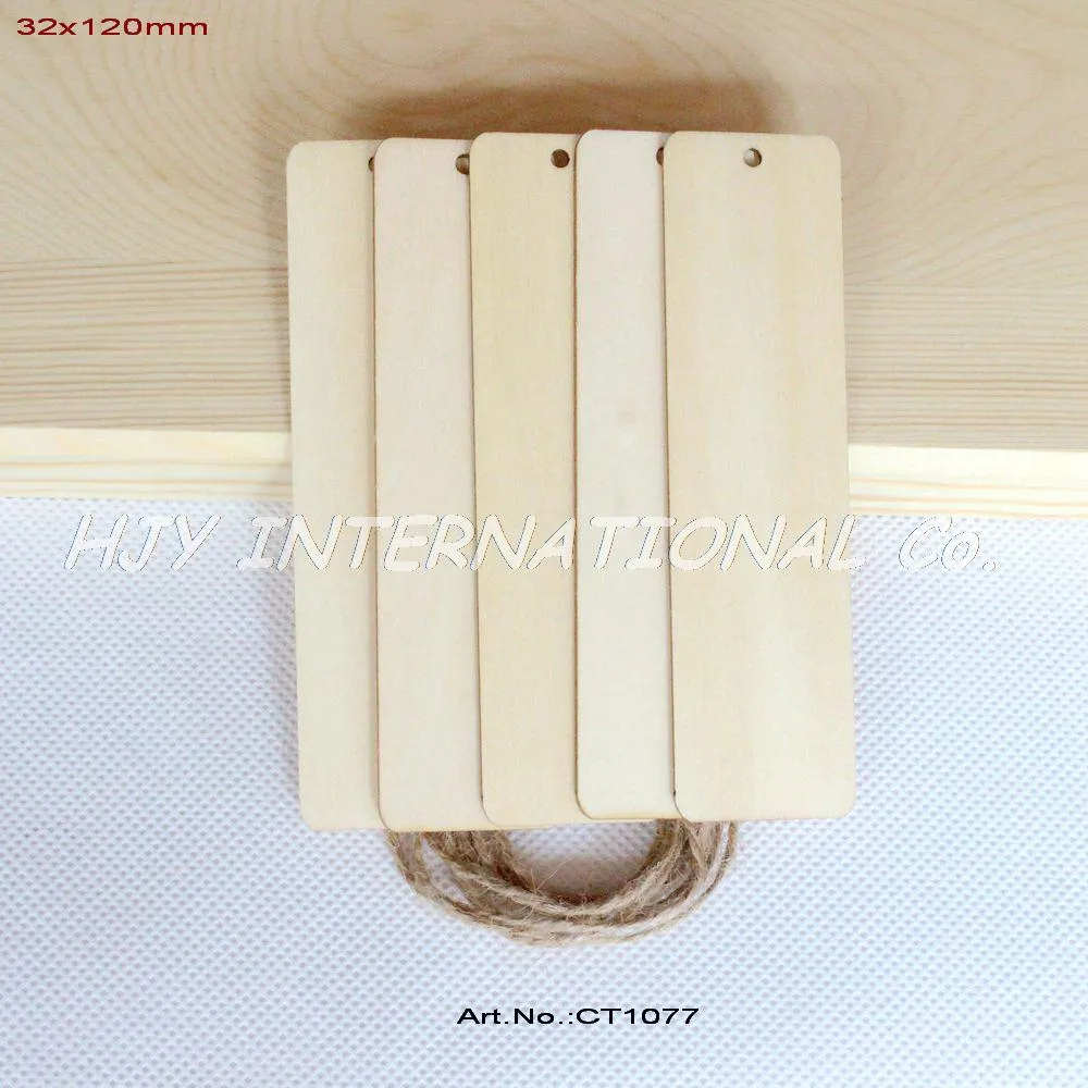 Vente en gros-(40 pièces/lot) 32mm x 120mm, étiquettes de marque-page en contreplaqué vierge, décorations de mariage en bois avec ficelle suspendue-CT1077