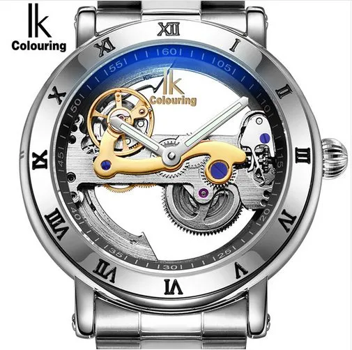 2019 IK Coloring Man Watch 5ATM Waterdichte Luxe Transparante Case Roestvrijstalen Band Mannelijke Mechanische Polshorloge Relogio Masculino