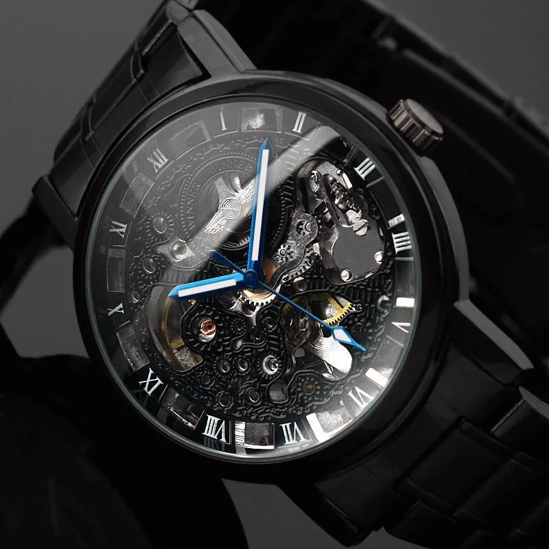 2021 New Black Herren Skeleton Armbanduhr Edelstahl Antike Steampunk Casual Automatic Skeleton Mechanische Uhren Male + Uhrenbox
