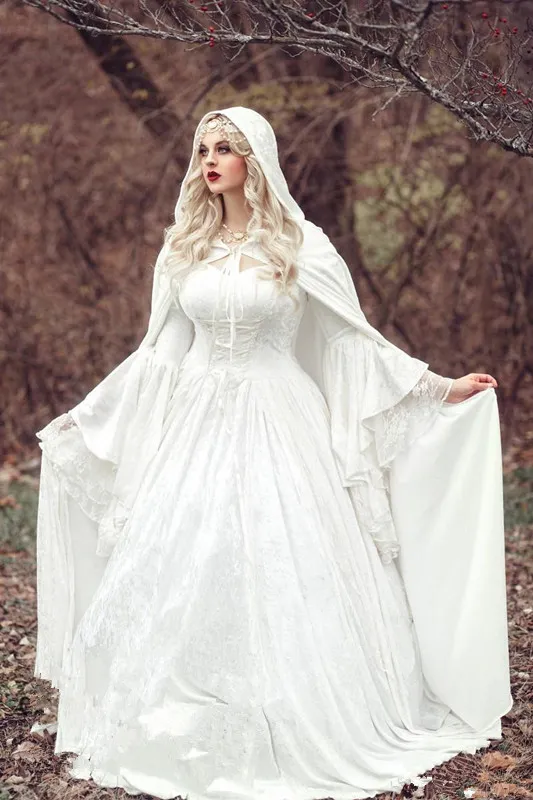 Renaissance Gothic Lace Ball Gown Wedding Dresses With Cloak Plus Size Vintage Bell Long Sleeve Celtic Medieval Princess Bridal Gown