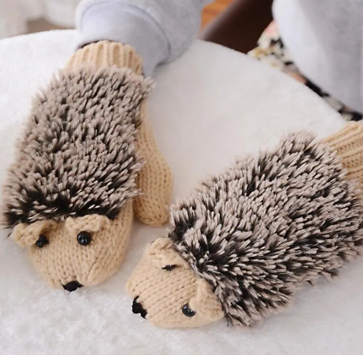 New Girls Novelty Cartoon Winter Gloves for Women Knit Warm Fitness Gloves Hedgehog Heated Villus Wrist Mittens