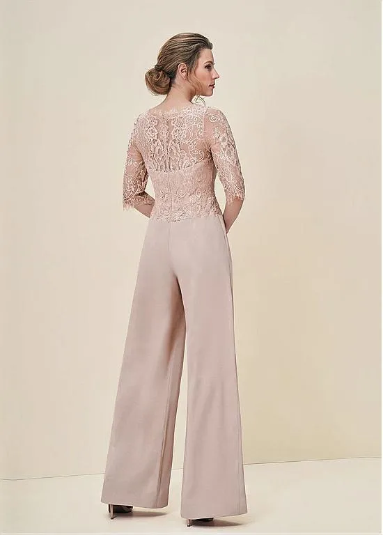 Tute economiche Pizzo Madre della sposa Pantalone Abiti Bateau Neck Mezze maniche Abito da ospite di un matrimonio Chiffon Taglie forti Abiti da sposo madri