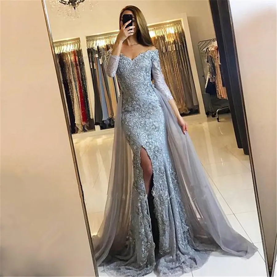 Sweetheart Lace Appliques Front-Split Nyaste Långärmad Mermaid Prom Dress Off The Shoulder Grey Front Slit Evening Dress