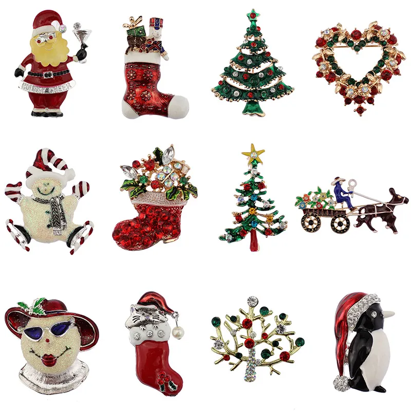2017 Christmas brooches rhinestone enamel crystal snowman tree Shoes Bells penguin Brooch Pins For women s Fashion Jewelry in Bulk lots