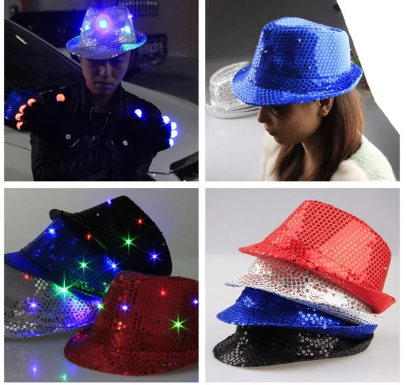 9色LEDジャズ帽子点滅ライトアップLED Fedora Trilby Sequins Capsファンシードレスダンスパーティー帽子ユニセックスヒップホップランプ発光帽子