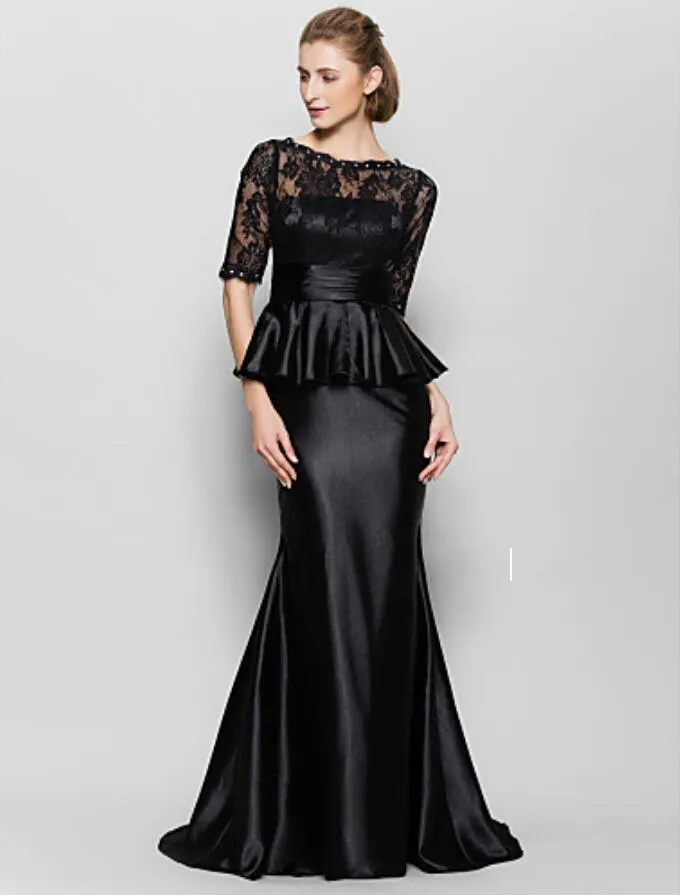 Elegant Mum Long Lace Half Sleeve Mother Formal Wear Mermaid Jewel Neckline Sweep Train Party Dresses For Women Plus Size Mother's Dresses