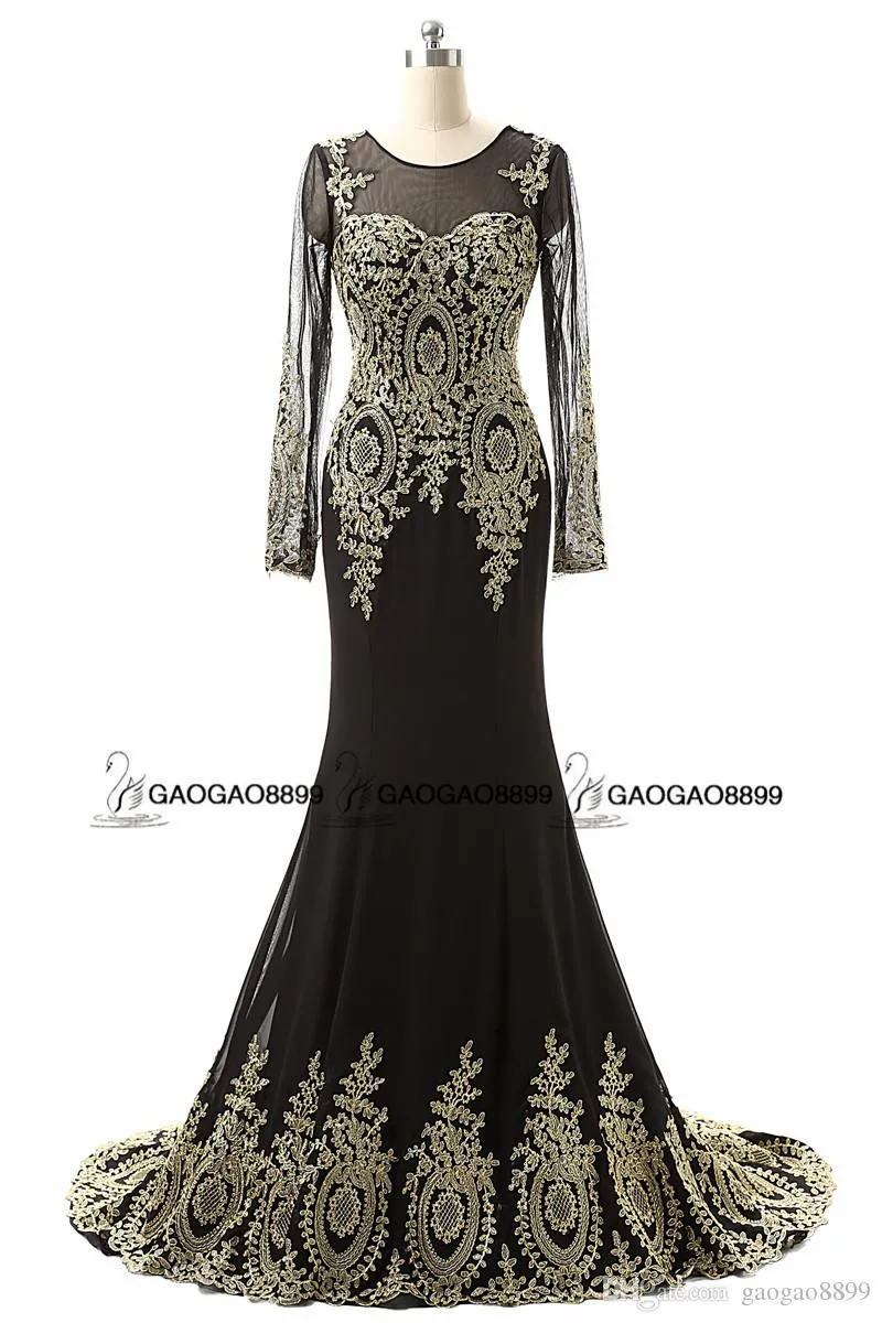 リアルフォト長袖または半袖マーメイドプロムパーティーの機会ドレス2019ゴールド刺繍在庫の安いトランペットアラビアのドレスイブニングウェア