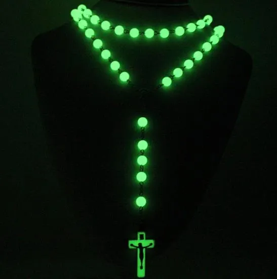 Lichtblauwe gloed in donkere plastic rozenkrans kralen lichtgevende noctilucent ketting mode religieuze sieraden partij gift DHN405